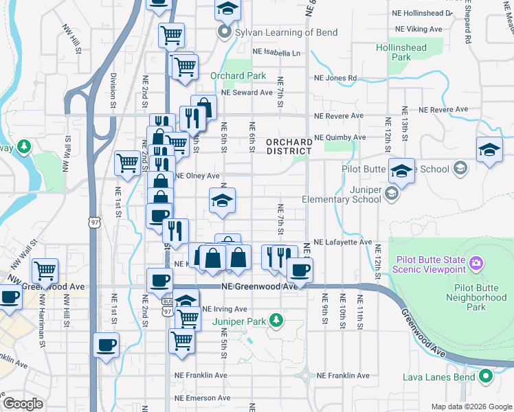 map of restaurants, bars, coffee shops, grocery stores, and more near 1338 Northeast 6th Street in Bend
