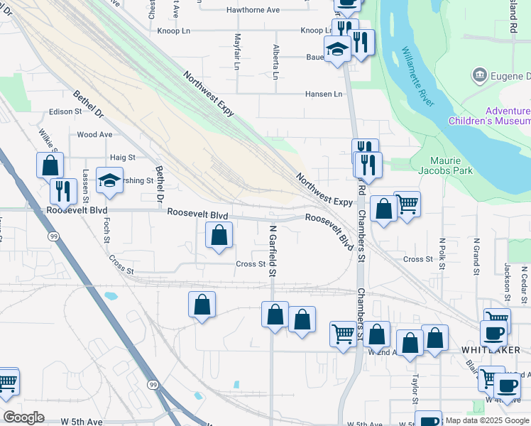 map of restaurants, bars, coffee shops, grocery stores, and more near 2023 Roosevelt Boulevard in Eugene