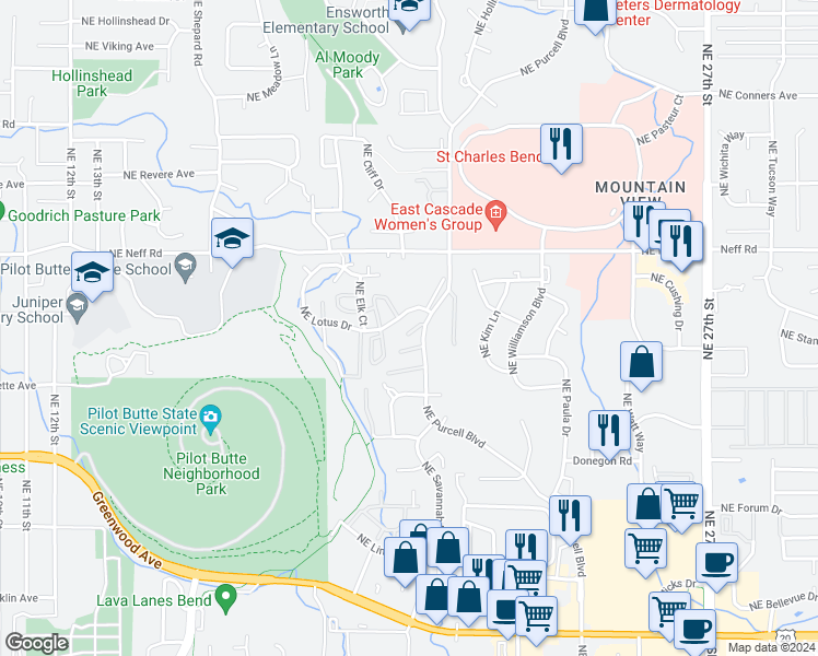 map of restaurants, bars, coffee shops, grocery stores, and more near 1946 Northeast Otelah Place in Bend