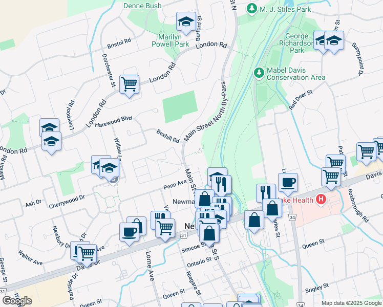 map of restaurants, bars, coffee shops, grocery stores, and more near 155 Main Street North in Newmarket