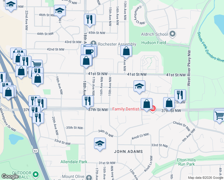 map of restaurants, bars, coffee shops, grocery stores, and more near 4003 15th Avenue Northwest in Rochester