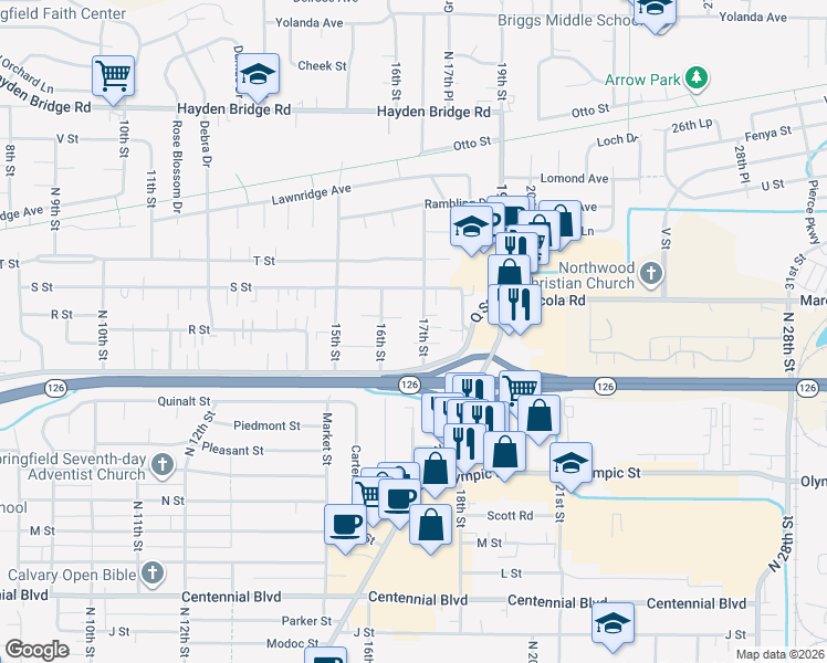 map of restaurants, bars, coffee shops, grocery stores, and more near 1920 17th Street in Springfield