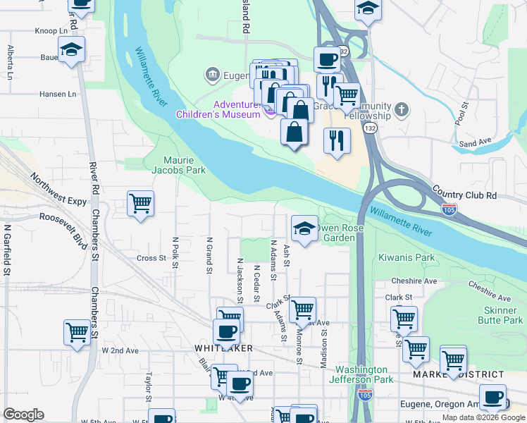 map of restaurants, bars, coffee shops, grocery stores, and more near 310 North Adams Street in Eugene