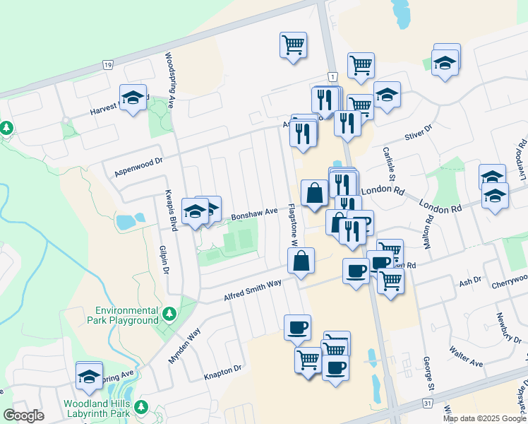 map of restaurants, bars, coffee shops, grocery stores, and more near Bonshaw Avenue in Newmarket
