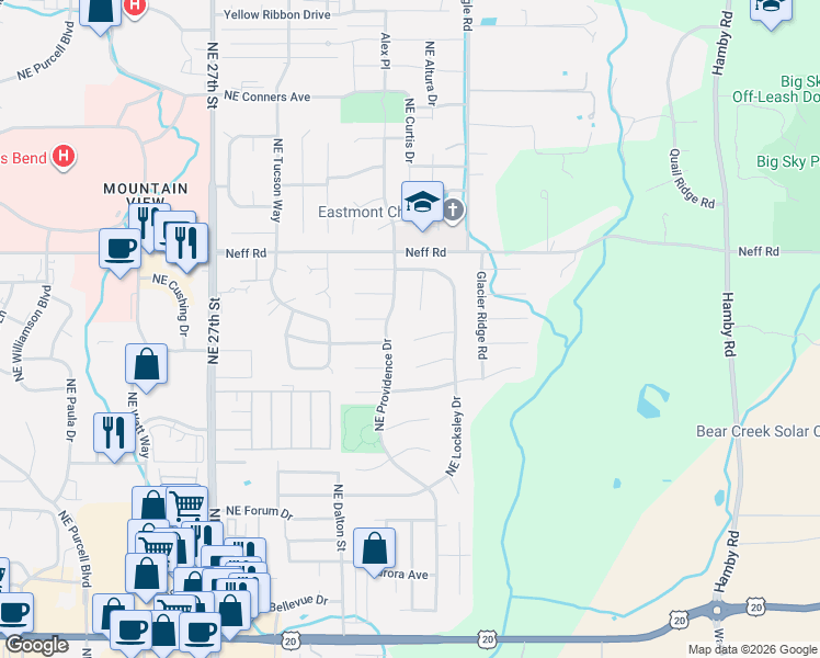 map of restaurants, bars, coffee shops, grocery stores, and more near 1412 Northeast Boston Place in Bend
