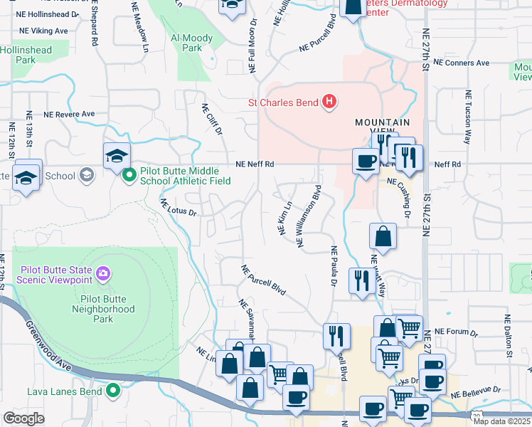 map of restaurants, bars, coffee shops, grocery stores, and more near 1418 Northeast Whisper Ridge Drive in Bend