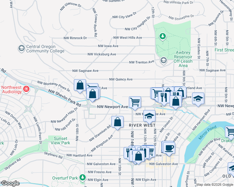 map of restaurants, bars, coffee shops, grocery stores, and more near 1485 Northwest Portland Avenue in Bend