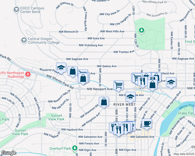 map of restaurants, bars, coffee shops, grocery stores, and more near 1545 Northwest Juniper Street in Bend