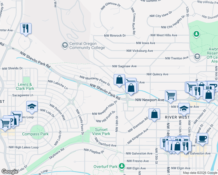 map of restaurants, bars, coffee shops, grocery stores, and more near in Deschutes County