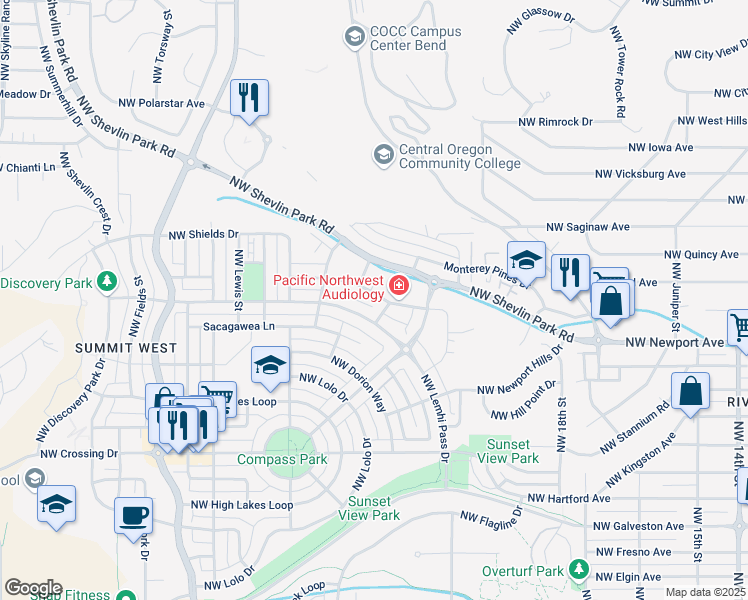 map of restaurants, bars, coffee shops, grocery stores, and more near 2215 Northwest Shevlin Park Road in Bend
