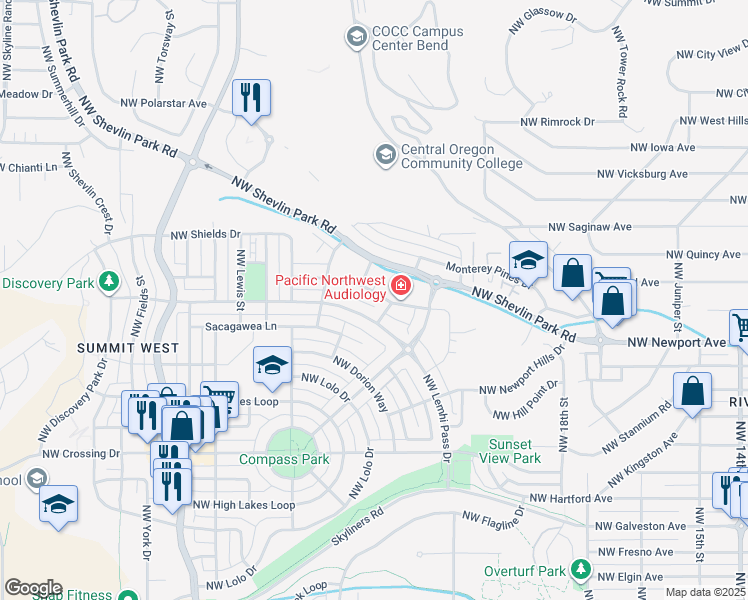 map of restaurants, bars, coffee shops, grocery stores, and more near 2215 Northwest Shevlin Park Road in Bend