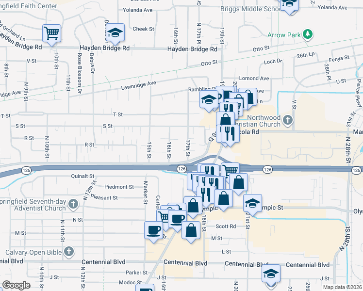 map of restaurants, bars, coffee shops, grocery stores, and more near 1920 17th Street in Springfield