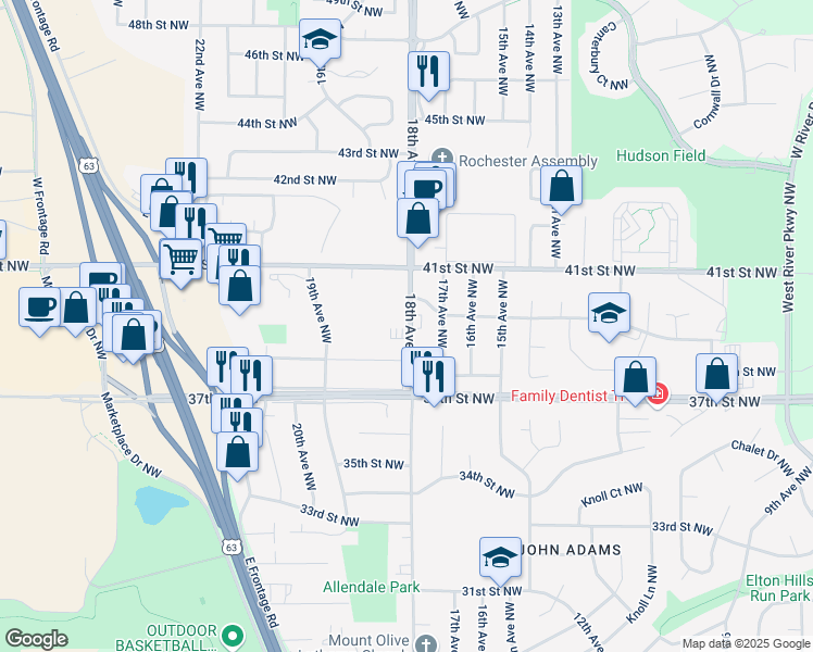 map of restaurants, bars, coffee shops, grocery stores, and more near 3918 18th Avenue Northwest in Rochester