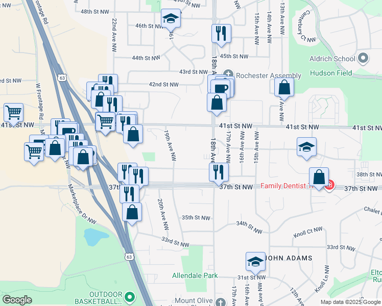 map of restaurants, bars, coffee shops, grocery stores, and more near 3912 19th Avenue Northwest in Rochester