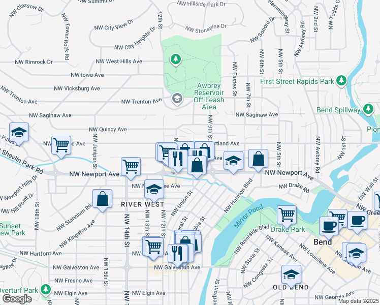 map of restaurants, bars, coffee shops, grocery stores, and more near 1527 Northwest 10th Street in Bend