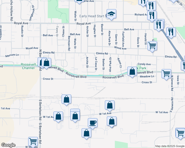 map of restaurants, bars, coffee shops, grocery stores, and more near 263 La Casa Street in Eugene