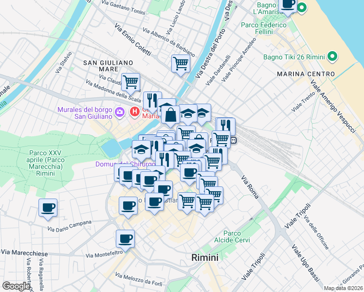 map of restaurants, bars, coffee shops, grocery stores, and more near 5 Via Vittime civili di guerra in Rimini