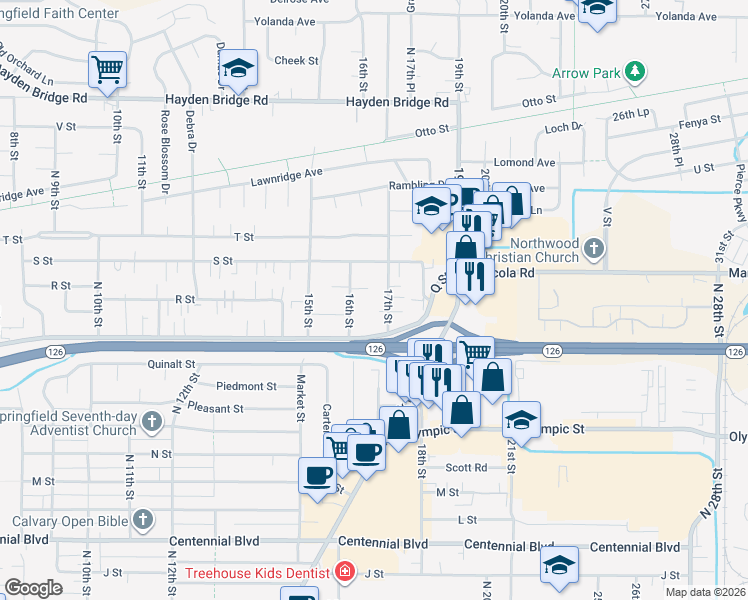 map of restaurants, bars, coffee shops, grocery stores, and more near 1890 17th Street in Springfield