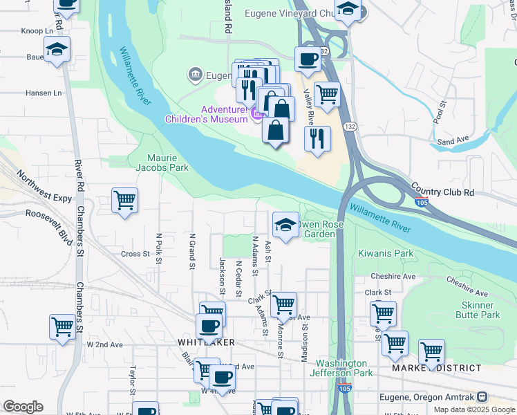 map of restaurants, bars, coffee shops, grocery stores, and more near 301 North Adams Street in Eugene