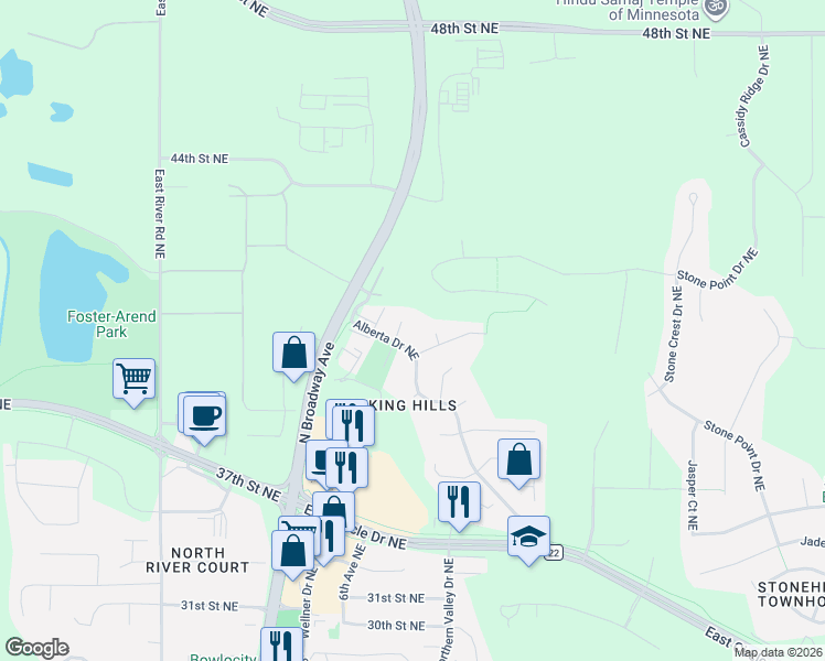 map of restaurants, bars, coffee shops, grocery stores, and more near 4027 Baffin Lane in Rochester