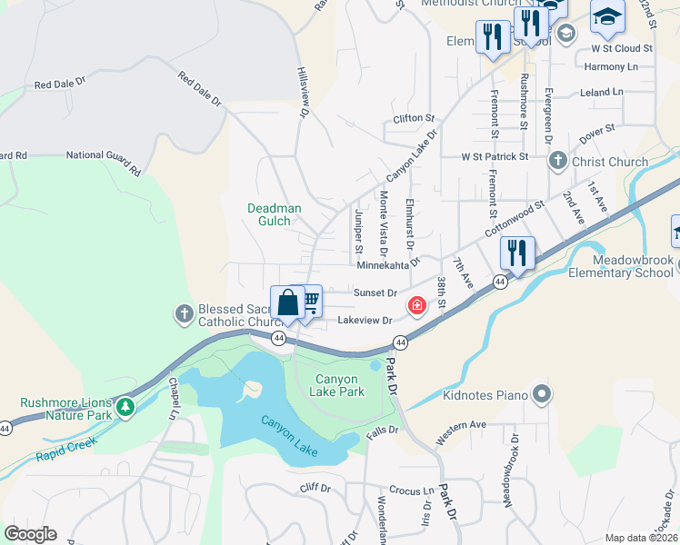 map of restaurants, bars, coffee shops, grocery stores, and more near 4028 Minnekahta Drive in Rapid City
