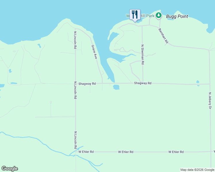 map of restaurants, bars, coffee shops, grocery stores, and more near 6166 Shagway Road in Ludington
