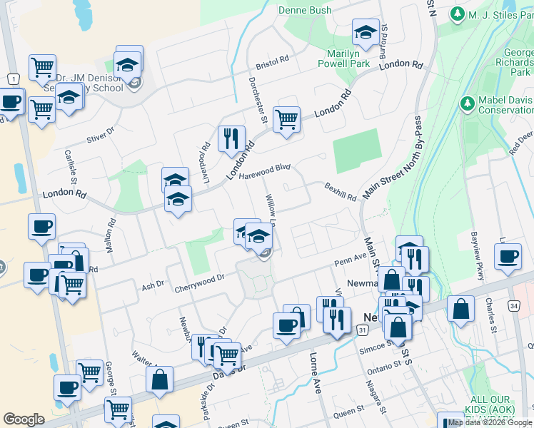 map of restaurants, bars, coffee shops, grocery stores, and more near 168 Willow Lane in Newmarket