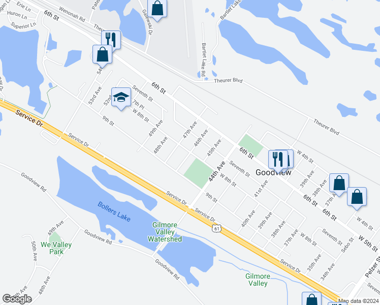 map of restaurants, bars, coffee shops, grocery stores, and more near 4601 West 8th Street in Goodview