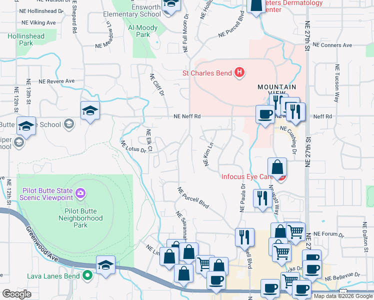 map of restaurants, bars, coffee shops, grocery stores, and more near 1334 Northeast Purcell Boulevard in Bend