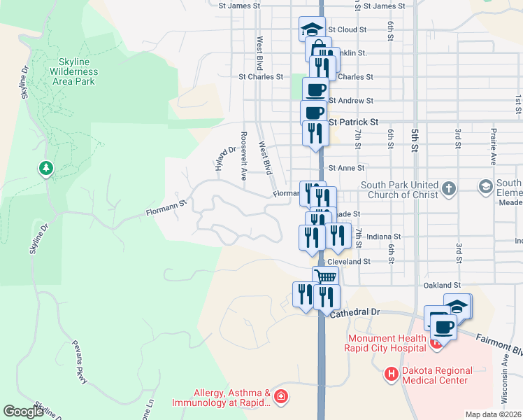 map of restaurants, bars, coffee shops, grocery stores, and more near 949 Woodridge Drive in Rapid City