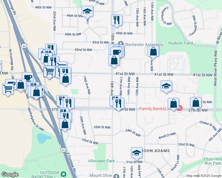 map of restaurants, bars, coffee shops, grocery stores, and more near 3943 18th Avenue Northwest in Rochester