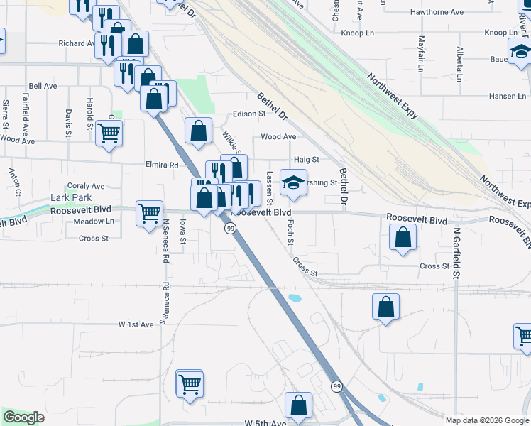 map of restaurants, bars, coffee shops, grocery stores, and more near 2608 Roosevelt Blvd in Eugene