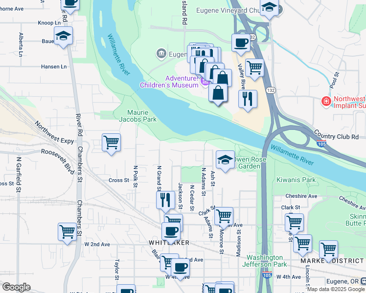 map of restaurants, bars, coffee shops, grocery stores, and more near 280 North Adams Street in Eugene