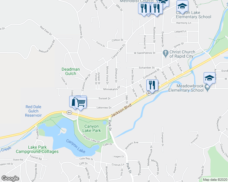 map of restaurants, bars, coffee shops, grocery stores, and more near 3907 Minnekahta Drive in Rapid City