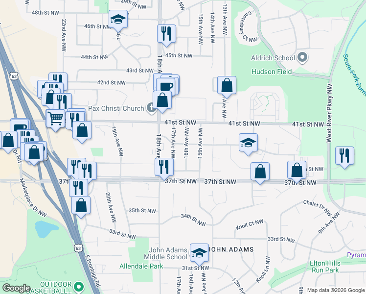 map of restaurants, bars, coffee shops, grocery stores, and more near 4005 16th Avenue Northwest in Rochester