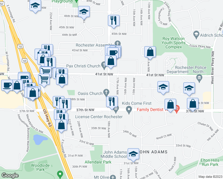 map of restaurants, bars, coffee shops, grocery stores, and more near 3918 18th Avenue Northwest in Rochester