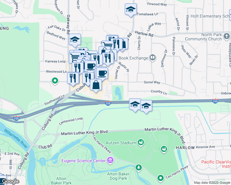 map of restaurants, bars, coffee shops, grocery stores, and more near 2490 Sorrel Way in Eugene