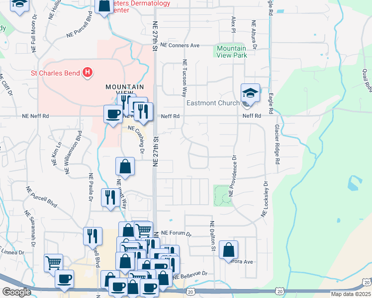 map of restaurants, bars, coffee shops, grocery stores, and more near 1409 Northeast Tucson Way in Bend