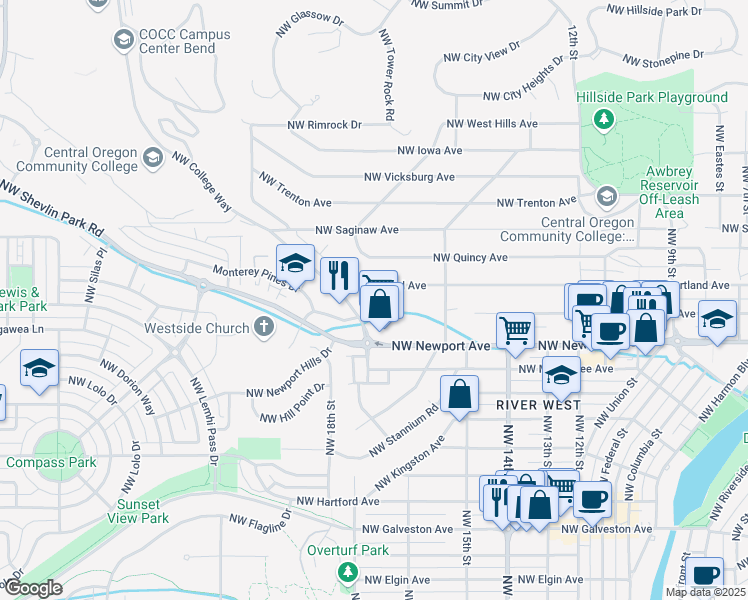 map of restaurants, bars, coffee shops, grocery stores, and more near 1695 Northwest Portland Avenue in Bend