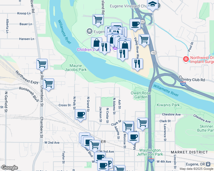 map of restaurants, bars, coffee shops, grocery stores, and more near 280 North Adams Street in Eugene