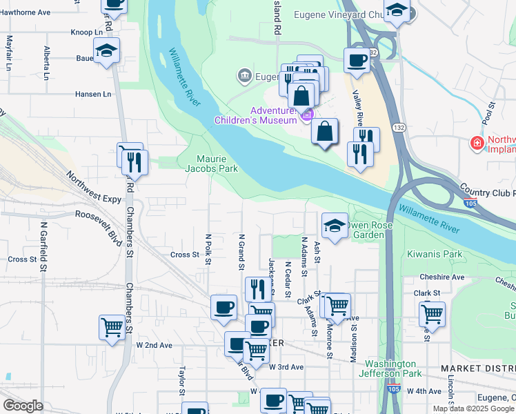map of restaurants, bars, coffee shops, grocery stores, and more near 975 Lewis Avenue in Eugene