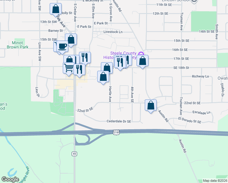 map of restaurants, bars, coffee shops, grocery stores, and more near 1917 Hartle Avenue in Owatonna