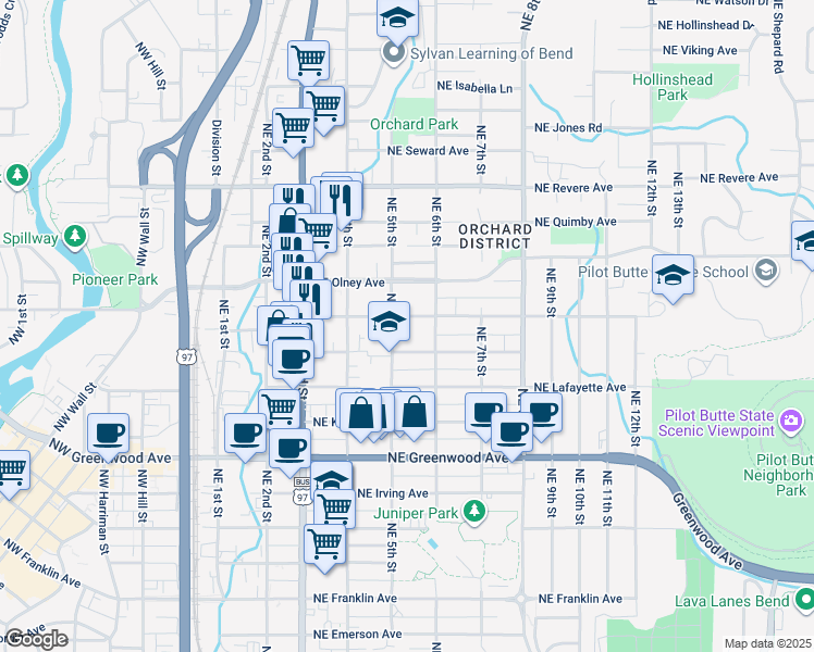 map of restaurants, bars, coffee shops, grocery stores, and more near 525 Northeast Norton Avenue in Bend