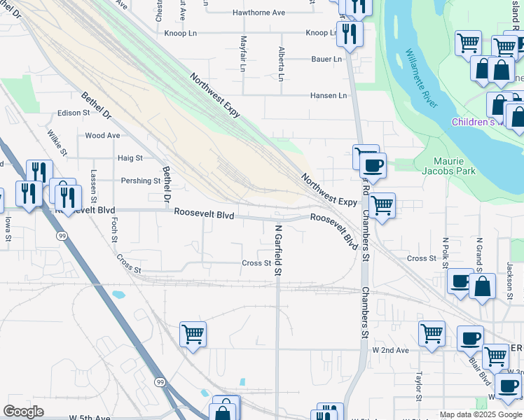 map of restaurants, bars, coffee shops, grocery stores, and more near 2023 Roosevelt Boulevard in Eugene