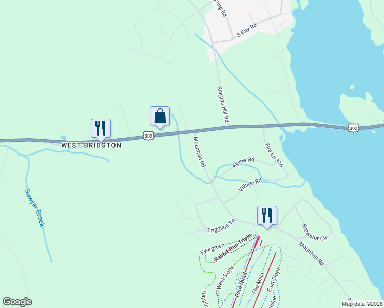 map of restaurants, bars, coffee shops, grocery stores, and more near 1 Mountain Road in Bridgton