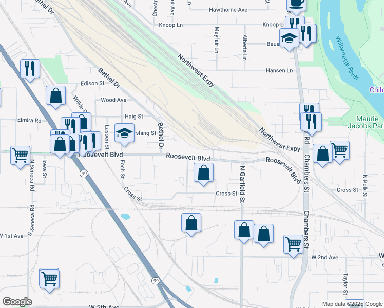 map of restaurants, bars, coffee shops, grocery stores, and more near 2175 Roosevelt Boulevard in Eugene