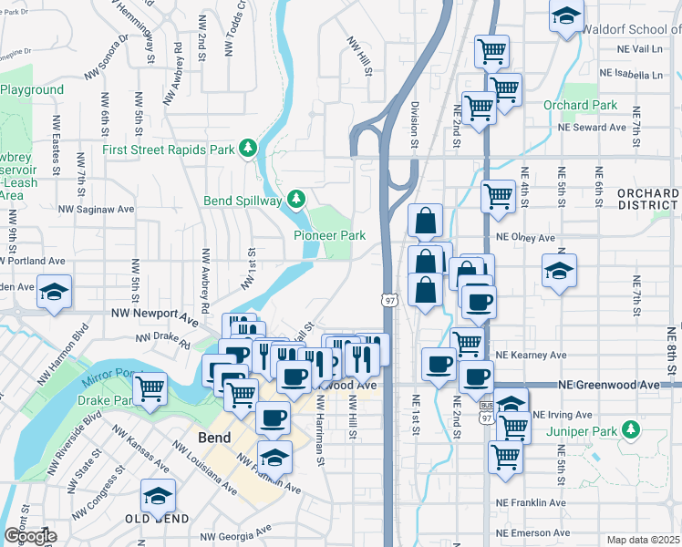 map of restaurants, bars, coffee shops, grocery stores, and more near 1345 Northwest Wall Street in Bend