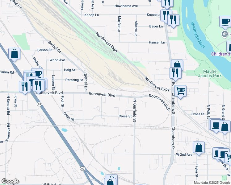 map of restaurants, bars, coffee shops, grocery stores, and more near 2129 Roosevelt Boulevard in Eugene