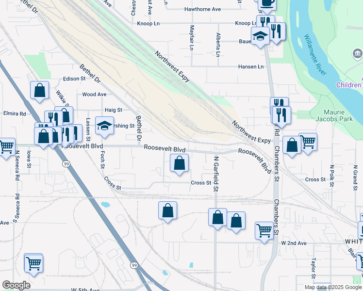 map of restaurants, bars, coffee shops, grocery stores, and more near 2129 Roosevelt Boulevard in Eugene