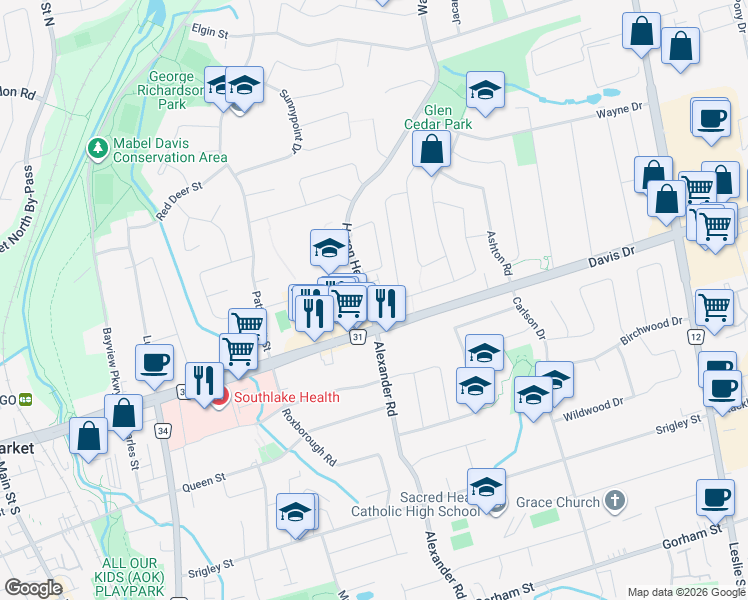 map of restaurants, bars, coffee shops, grocery stores, and more near 27 Huron Heights Drive in Newmarket